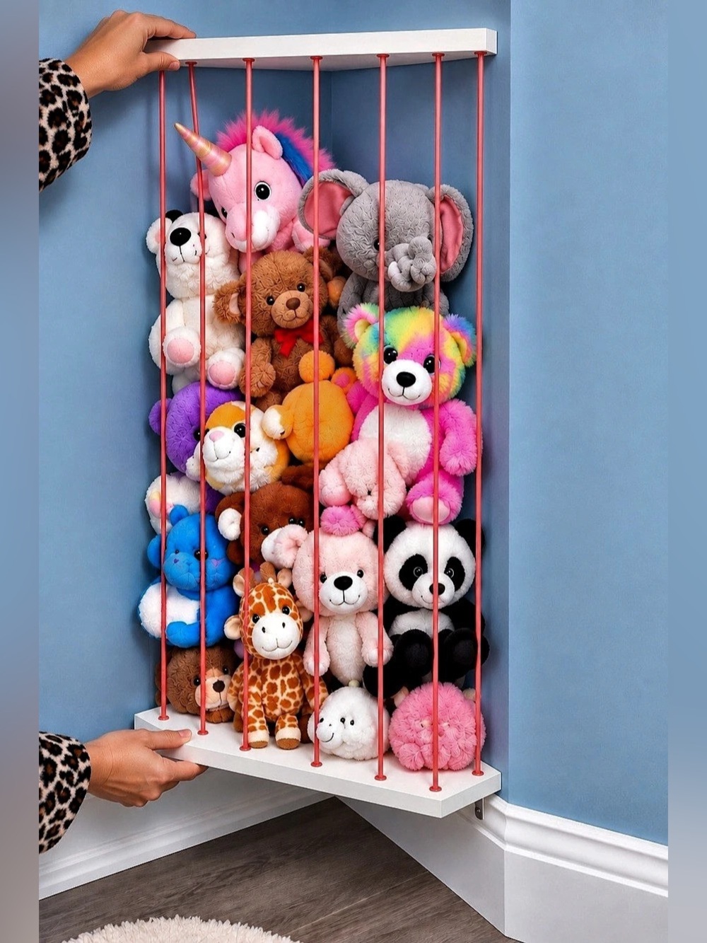 Corner Stuffed Animal Storage Organizer Toy Shelf Pink Bungee Cords New